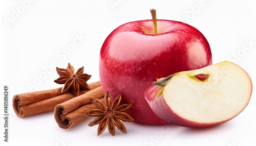 Red apple apple slice and cinnamon sticks isolated on white background