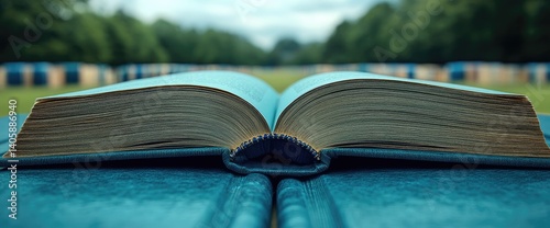 Open book resting on a blue surface with a blurred outdoor backdrop of trees and structures