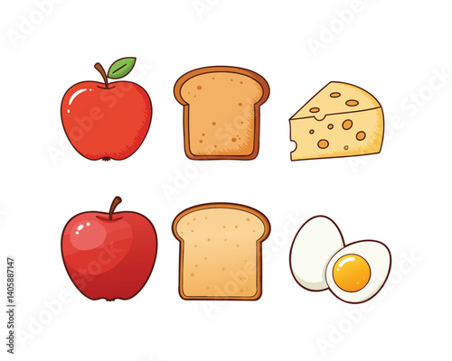 Healthy breakfast food set featuring apples, toasts, cheese slice, and boiled egg illustrated on white background promoting nutritious meal ideas.

