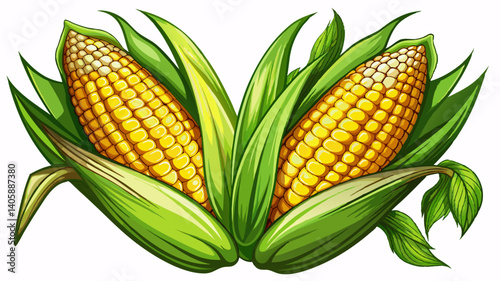 2 fresh corn ears with leaves isolated on white background