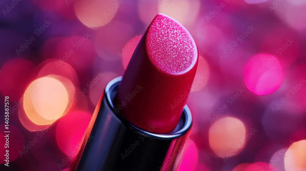 Close up of a red lipstick with glitter against a blurred pink and purple bokeh background Close up of a red lipstick with glitter against a blurred pink and purple bokeh background