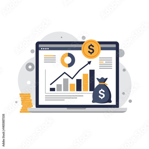 Financial Planning Illustration with Laptop and Money Icons  