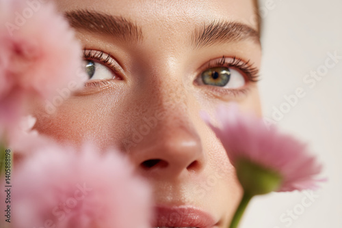 Freckled young woman with glowing fair skin and pink flowers, natural skincare beauty in soft spring light for natural beauty skincare spa commercial