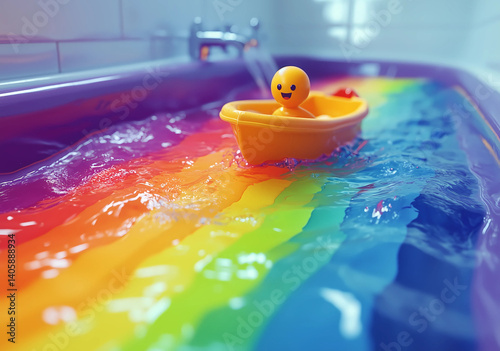 colorful water, rainbow water, boat on the water, bathwater, bathtub toy