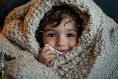 Child with flushed cheeks using a tissue while lying under a cozy blanket, capturing a moment of warmth and comfort during illness photo