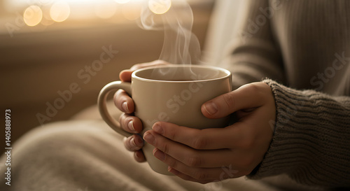 Close-up of hands holding a steaming mug of hot coffee or tea. Cozy atmosphere with warm, soft light and bokeh background. Represents comfort, relaxation, hygge, self-care, and enjoying a quiet moment
