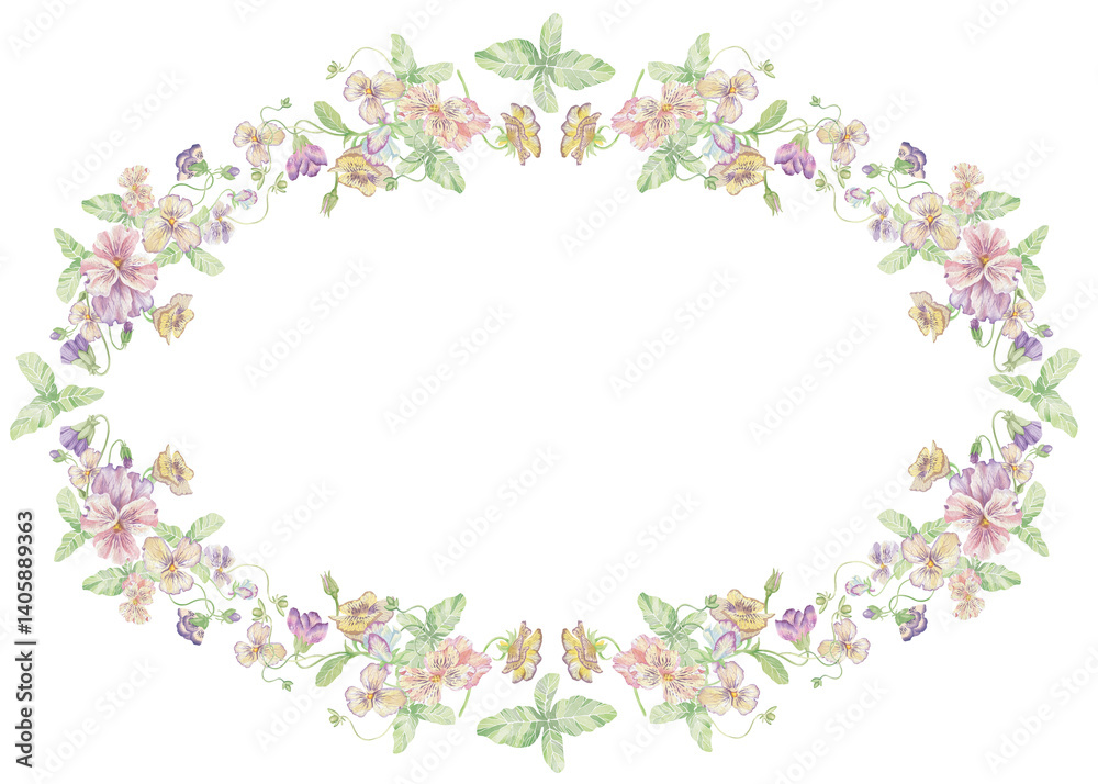 Violets flowers. Watercolor clipart illustration of oval frame flower composition on white background. For invitations, postcards, business cards. Decorating cups, dishes, other printed materials. Violets flowers. Watercolor clipart illustration of oval frame flower composition on white background. For invitations, postcards, business cards. Decorating cups, dishes, other printed materials.