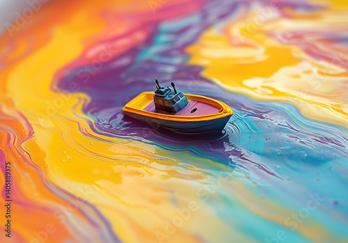 colorful water, rainbow water, boat on the water, bathwater, bathtub toy