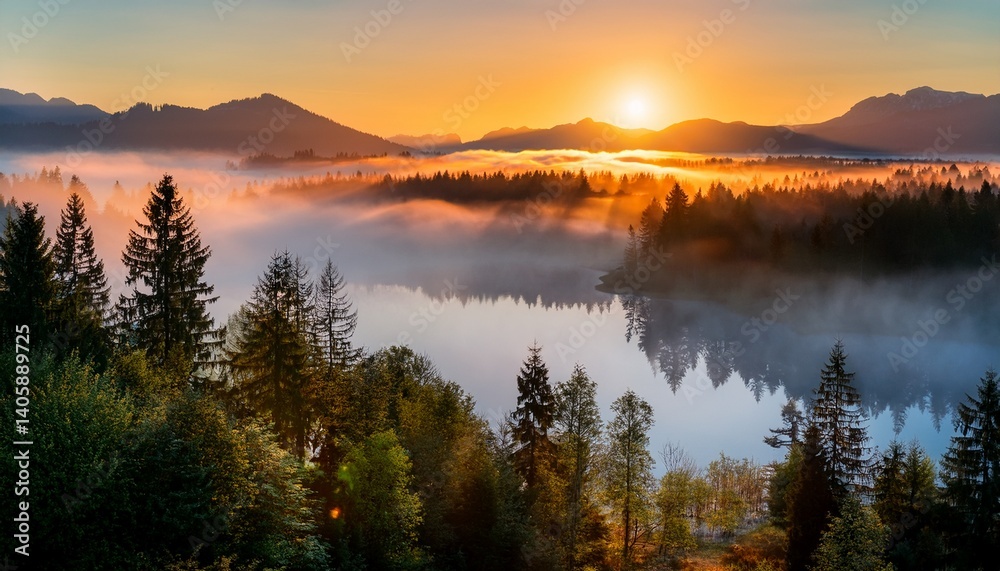 Fototapeta premium Sunrise and fog over lake and forest