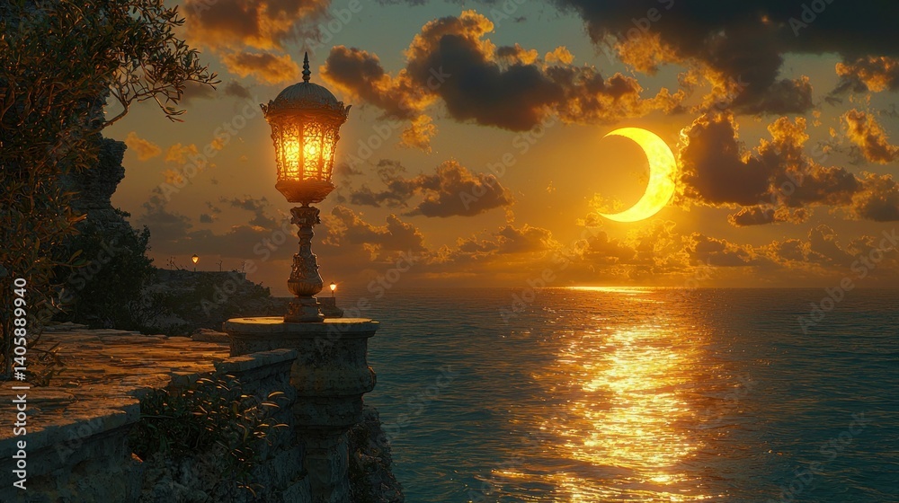 Fototapeta premium Coastal lantern at sunset with crescent moon