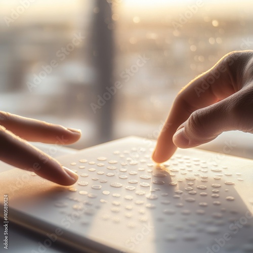 January World Braille Day Closeup of tactile Braille book pages with sunlight streaming through a window muted earthy tones Fingers tracing raised Braille dots on a minimalist white surface shallow 