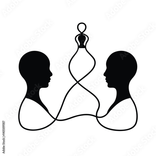 A black vector silhouette depicts a family outline, a couple's profile showing love, and a child's icon