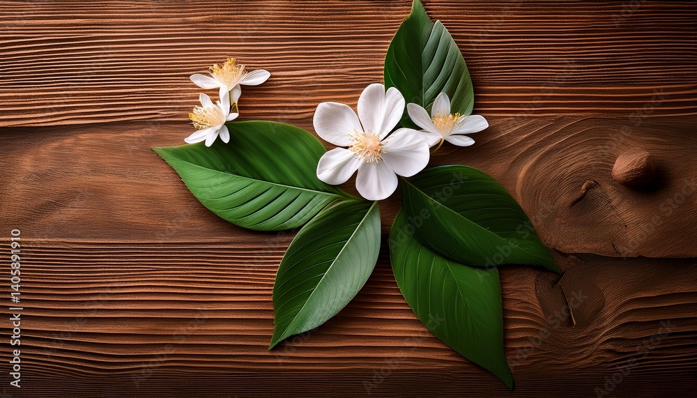 Fototapeta premium Leaf and flowers on a wood board