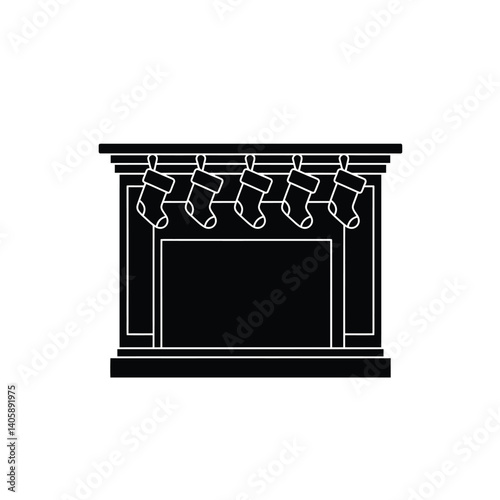 Festive Fireplace With Hanging Christmas Stockings Vector Illustration Silhouette Style