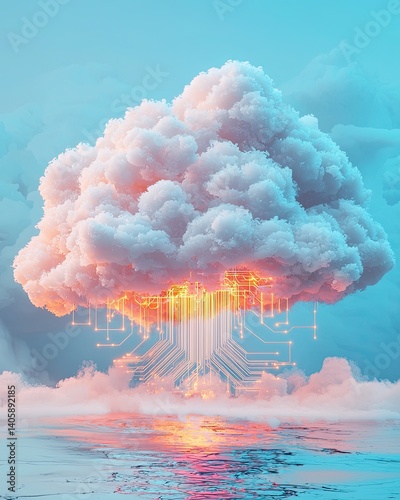 cloud abstraction Futuristic cloud with digital circuitry and serene ocean reflection. AI cloud computing background