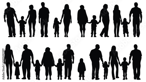 Diverse Group Silhouettes of Adults and Children – Minimalist Vector Art of Social Unity and Community