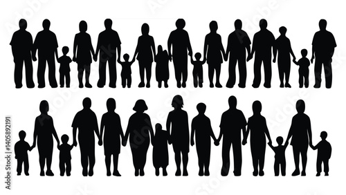Diverse Group Silhouettes of Adults and Children – Minimalist Vector Art of Social Unity and Community