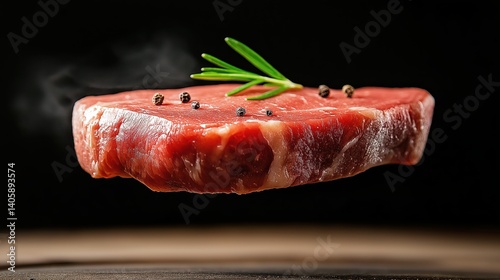 Tender meat fillet suspended in mid-air, showcasing fresh protein essence with herbs and spices for culinary appeal