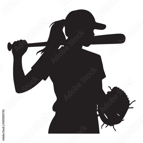 Silhouette of a Softball Woman Player on White Background – Female Athlete Sports Vector

