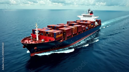 Cargo container ship loaded with colorful containers cruising in deep blue ocean under cloudy sky, concept of global maritime trade photo