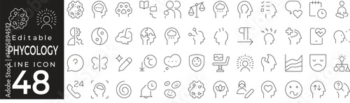Psychology set of web icons in line style. Iconic collection of brain, therapy, mental health, cognition, emotions, counseling, psychology, stress, meditation, and therapy session. Editable stroke