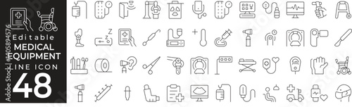 Medical Equipment set of web icons in line style. Iconic collection of stethoscope, syringe, microscope, bandage, hospital bed, wheelchairs, x-ray, ECG, and surgical tools. Editable stroke.