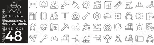 Engineering & manufacturing icons in line style. Icon collection includes finance, strategy, marketing, industrial tools, automation, planning, leadership, and innovation concepts. Editable stroke.