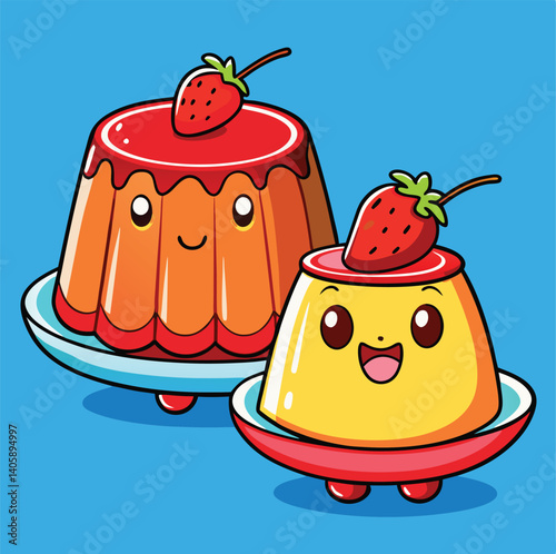 Cute Cartoon Pudding Desserts With Strawberry Toppings On A Blue Background