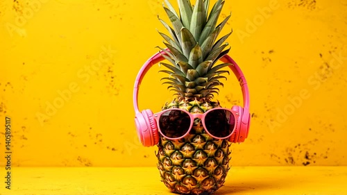 A pineapple wearing pink sunglasses and headphones stands against a vibrant yellow backdrop
