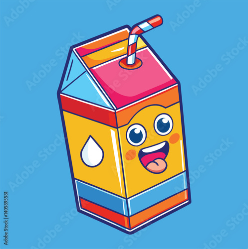 Cartoon Milk Carton With Straw And Smiling Face On A Blue Background