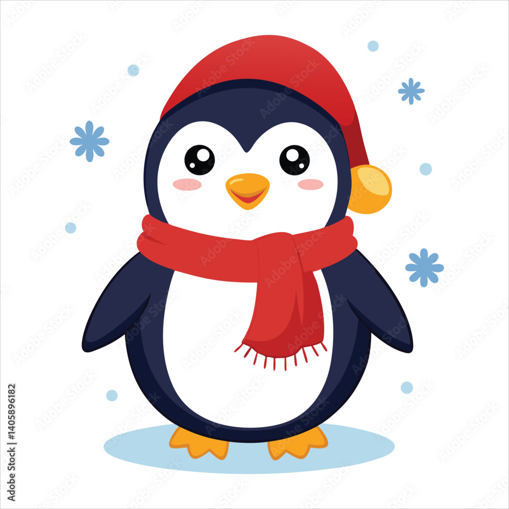 Fototapeta premium Cheerful Cartoon Penguin with Winter Scarf and Hat in Snowy Setting