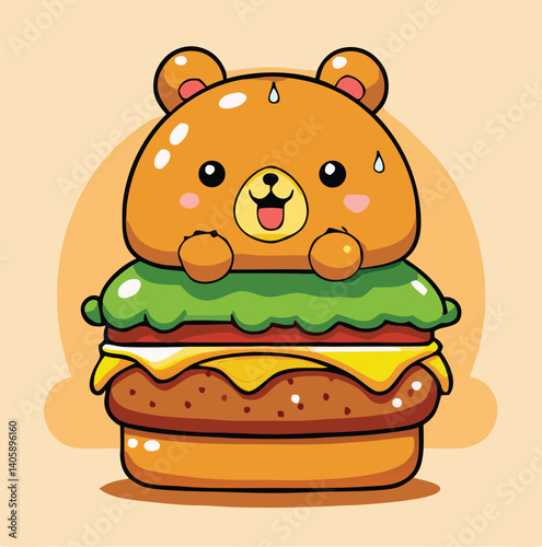 Cute Cartoon Bear Inside Burger Illustration Food Design Concept