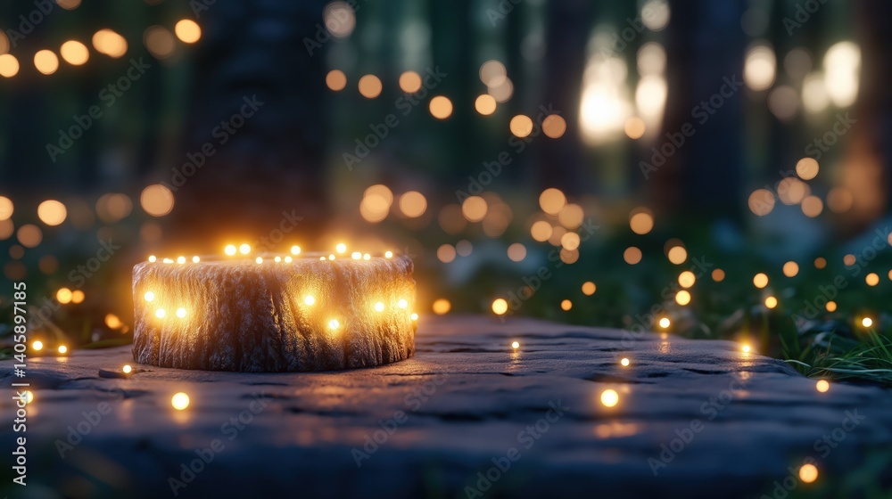 Enchanted forest ambiance with glowing lights on a wooden stump during dusk