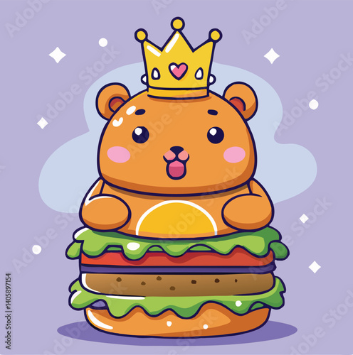 Cartoon Bear King Character Sitting On A Delicious Hamburger Illustration