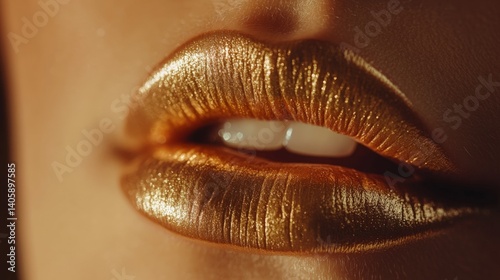 Close-up of shimmering gold metallic lips with glossy finish