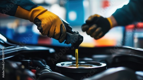Car mechanic performing an oil change on a car in a garage. Featuring automotive repair and maintenance