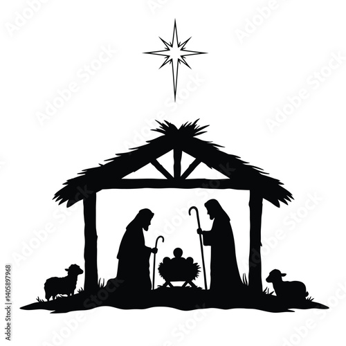 Nativity Scene Silhouette With Holy Family And Star Of Bethlehem Vector