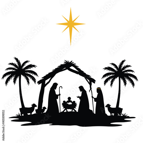 Nativity Scene Silhouette With Star Of Bethlehem And Palm Trees