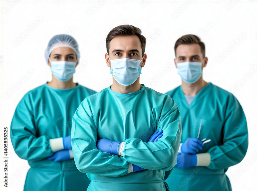Three healthcare professionals in protective gear (e.g., masks, gowns, gloves) looking confidently at the camera, isolated on a white background. Depth of field, mood of professionalism, upbeat vibe, Three healthcare professionals in protective gear (e.g., masks, gowns, gloves) looking confidently at the camera, isolated on a white background. Depth of field, mood of professionalism, upbeat vibe,