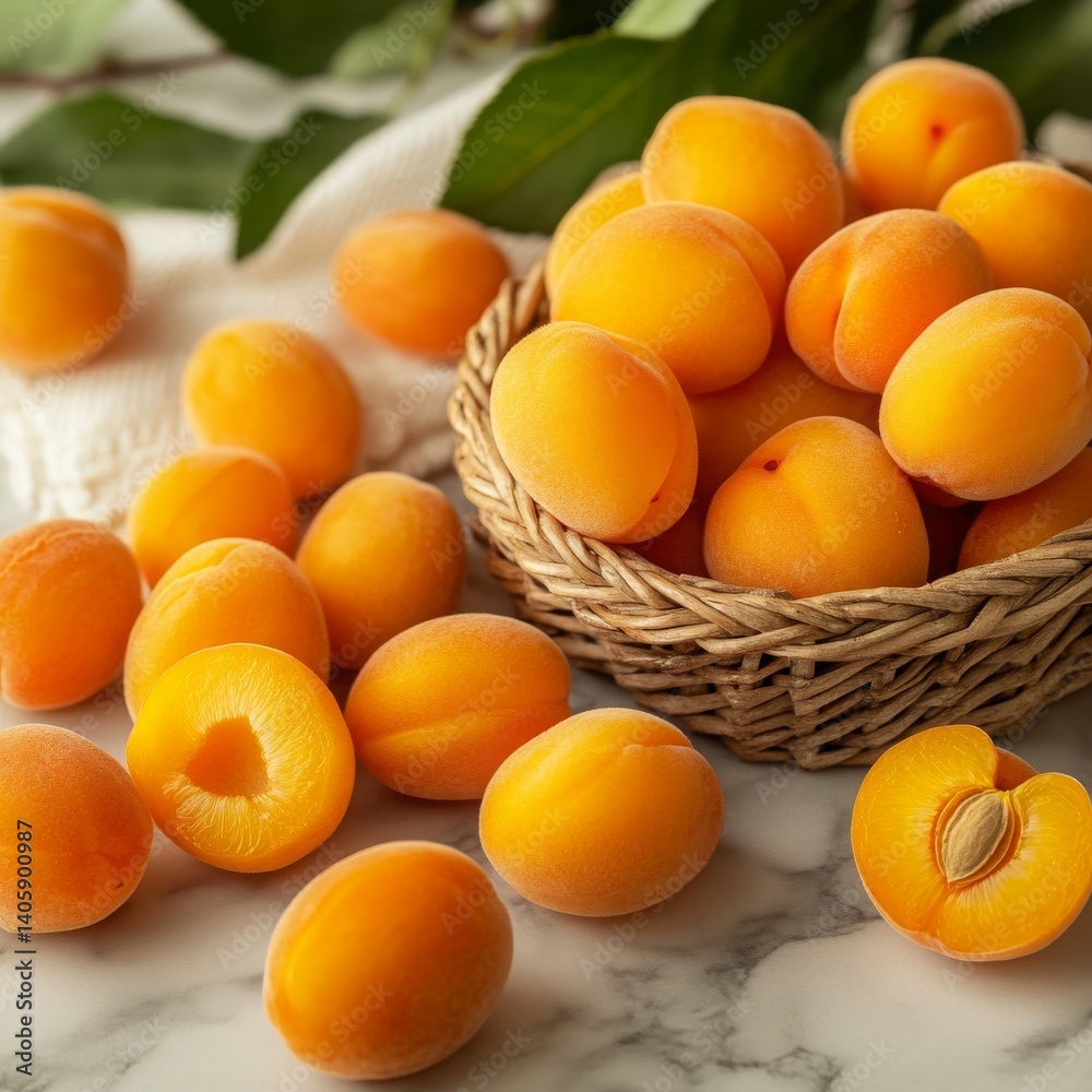 January National Apricot Day Spilled Apricots Juicy apricots spilling from a wicker basket onto a marble countertop golden hour lighting Image January National Apricot Day Spilled Apricots Juicy apricots spilling from a wicker basket onto a marble countertop golden hour lighting Image