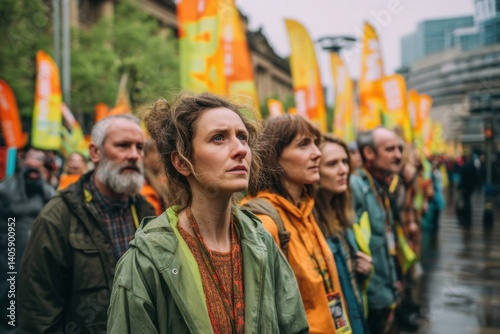 A diverse group of concerned citizens gathered in peaceful demonstration, advocating for climate action and environmental protection in an urban environment.