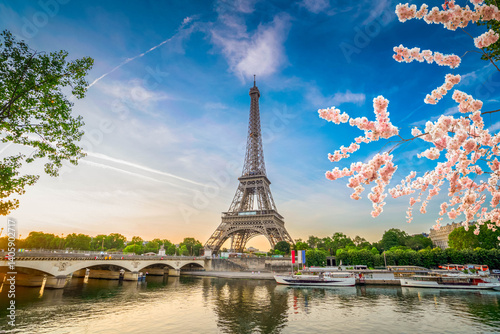 Photography Paris Eiffel Tower and river Seine with sunrise in Paris, France