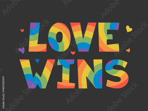 Rainbow Love Wins quote with hearts on dark background. Pride celebration concept. Flat vector Lettering. Typography for LGBTQ events, equality messages, inclusive design, diversity campaigns, merch