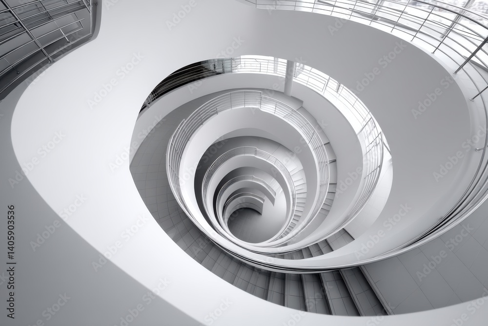 Obraz premium A mesmerizing view of a white spiral staircase with light coming through the windows, showing a complex architectural structure with smooth curves and minimalistic style.