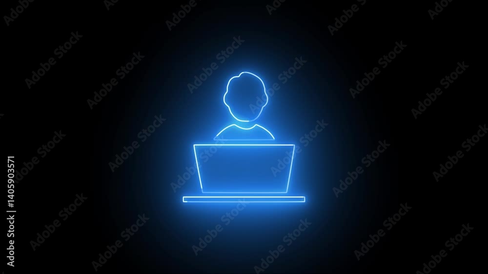 Person computer typing icon  with neon glow animation on black background. Digital person typing on a laptop with scam alerts icon 4k video