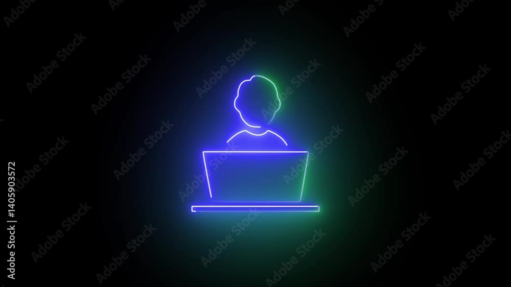 Person computer typing icon  with neon glow animation on black background. Digital person typing on a laptop with scam alerts icon 4k video