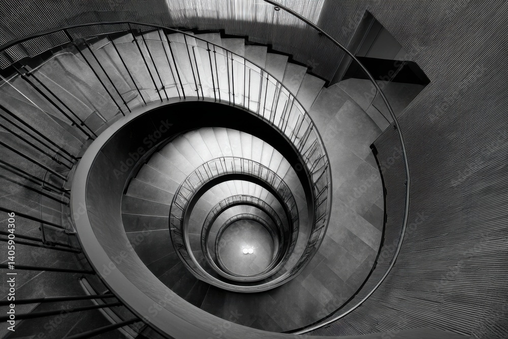 Fototapeta premium A captivating monochrome photograph showcasing a winding spiral staircase from an overhead perspective, revealing its architectural design and geometric patterns with intricate railing.