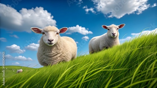 Serene rural landscape with two sheep standing on a lush green hill under a bright blue sky, surrounded by grazing sheep in the background