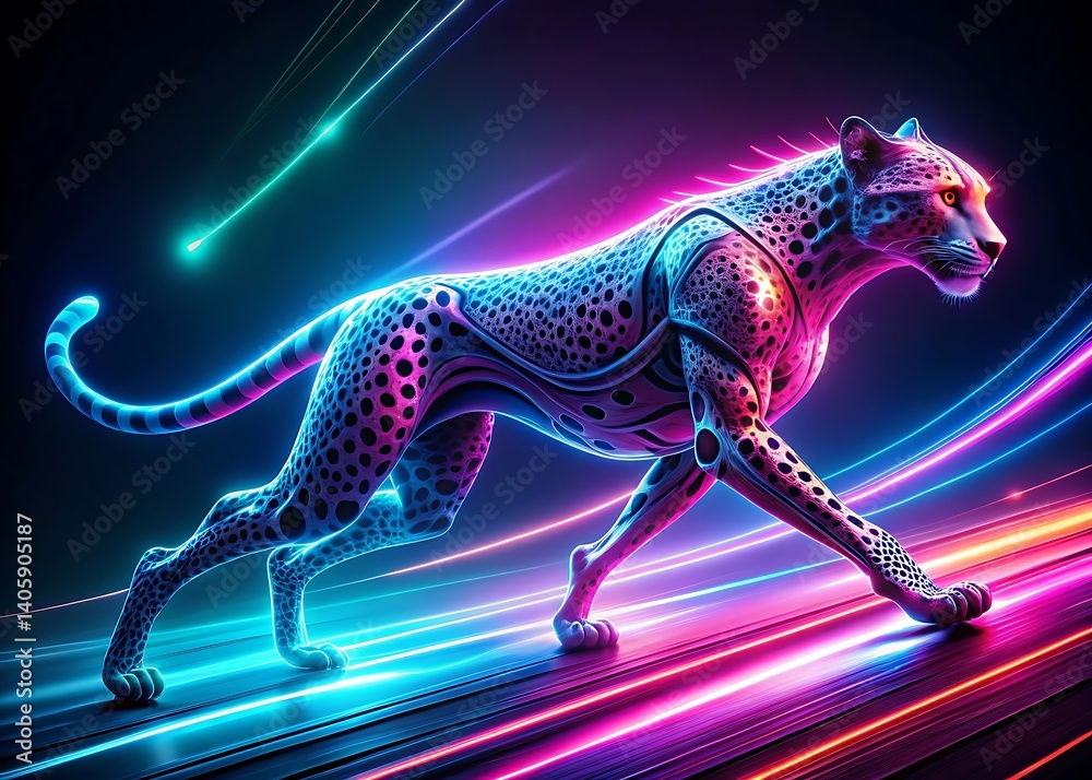 Neon Leopard Striding on Futuristic Surface with Colorful Glowing Streaks Illustration. Neon Leopard Striding on Futuristic Surface with Colorful Glowing Streaks Illustration.