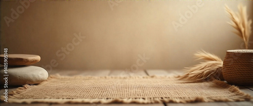 Generate an AI photo of a rustic boho textured backdrop, neutral in color palette, for a minimalist and clean website banner or social media background.  Depth of field should be moderate, evoke a cal